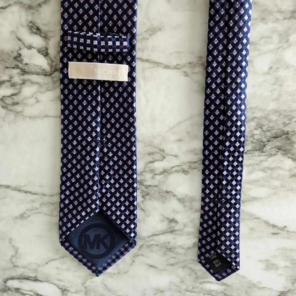 Michael Kors 100% Silk Navy & Purple Necktie With Gray Flecks